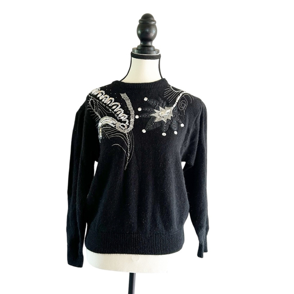 Cross Roads Sweaters - Vintage 80’s Cross Roads Black & Silver Embellished Sweater Size M Sequins